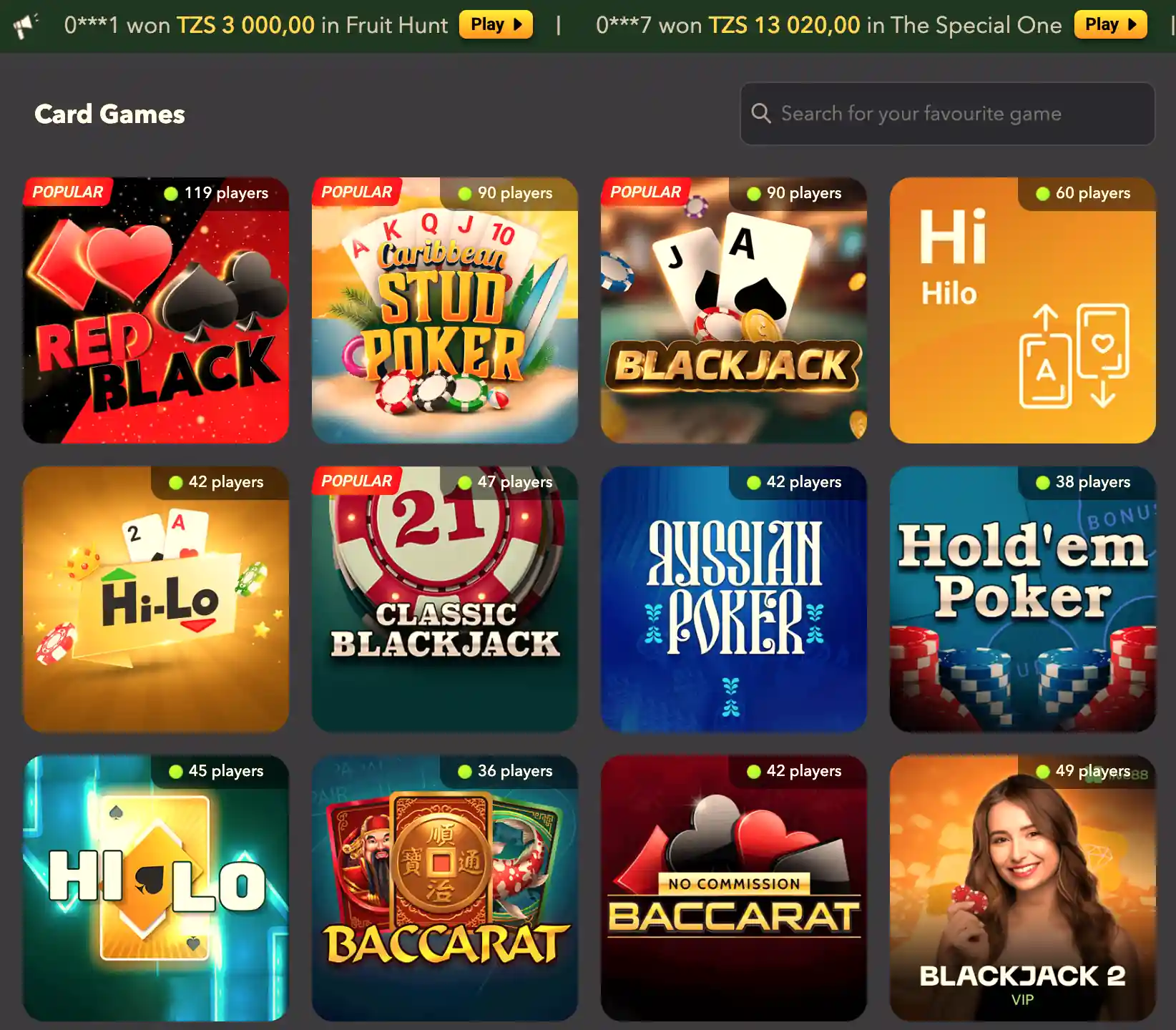 Variety of card games offered by SportyBet Tanzania